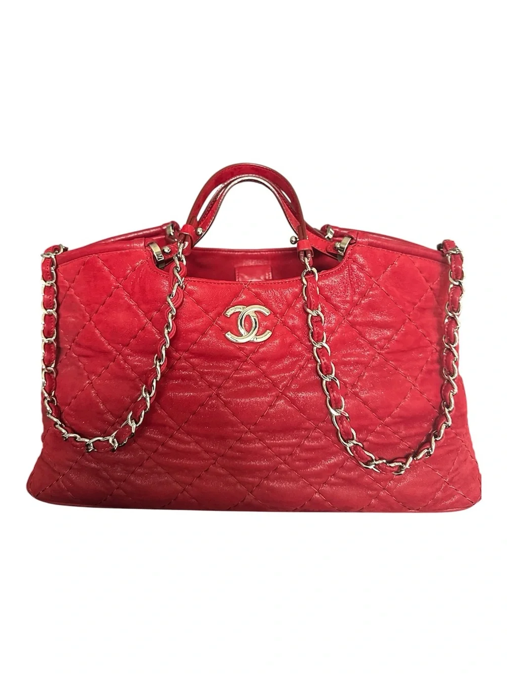 Authentic Chanel Sea Hit Tote Red Iridescent Calfskin Shoulder Bag SHW